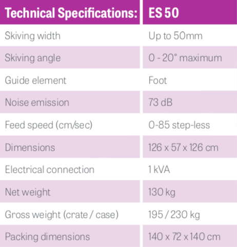 tech specs for Fortuna ES 50 skiving machine