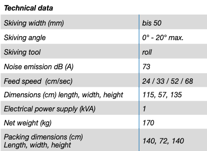 technical specifications for the Fortuna 50 KK-S Skiving Machine